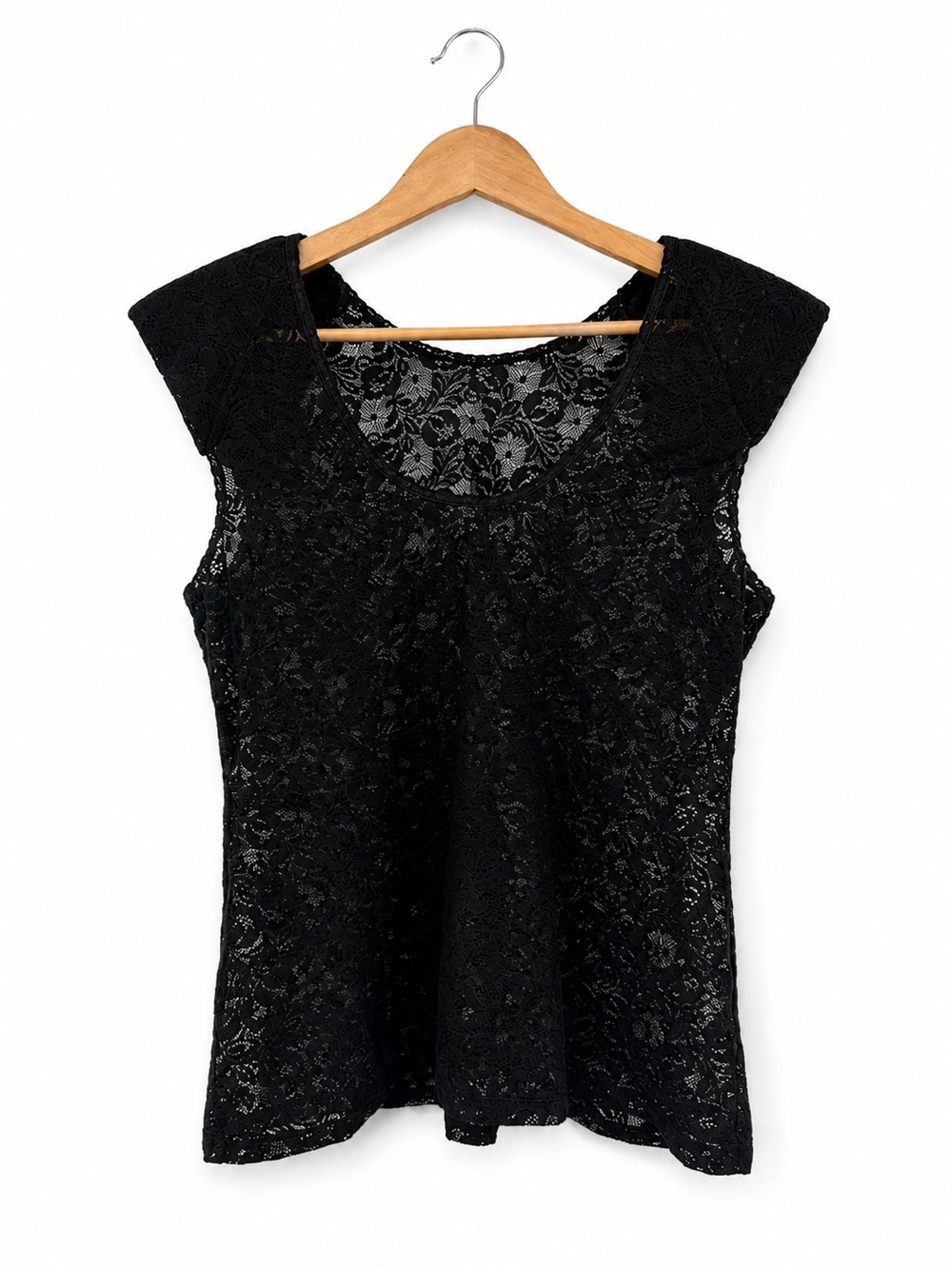 Vintage Vassarette Black Floral Lace Sheer Cap Sleeve Top Size L Made USA